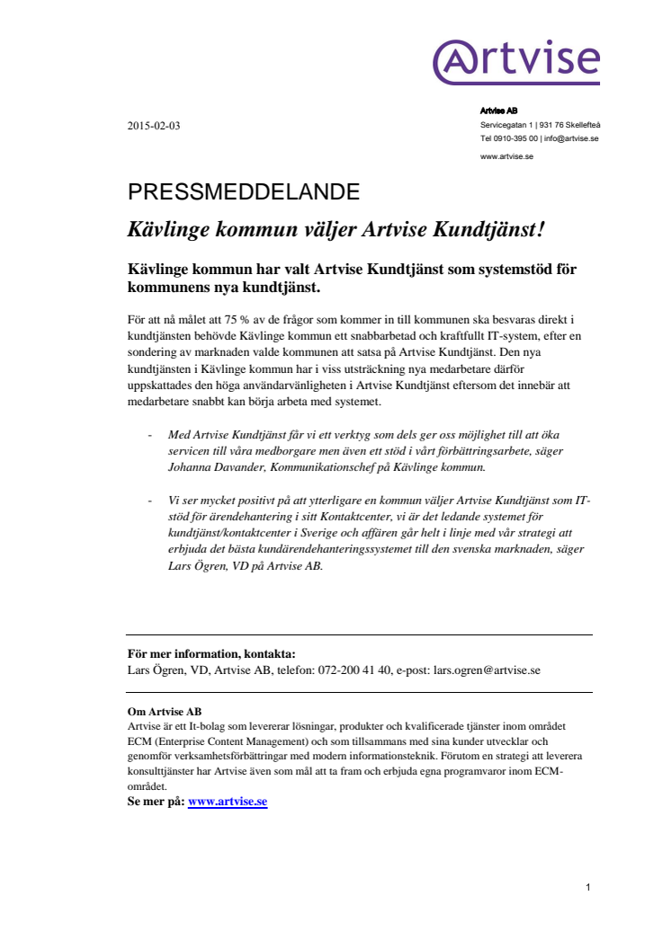 Kävlinge kommun väljer Artvise Kundtjänst!
