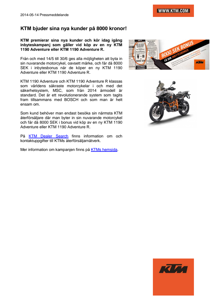 KTM bjuder sina nya kunder på 8000 kronor!