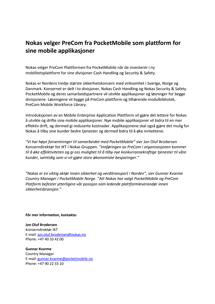 Nokas velger PreCom fra PocketMobile som plattform for 