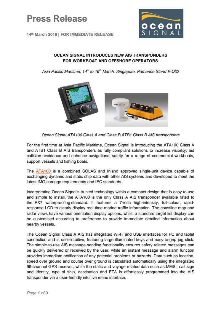 Ocean Signal Introduces New AIS Transponders For Workboat And Offshore Operators