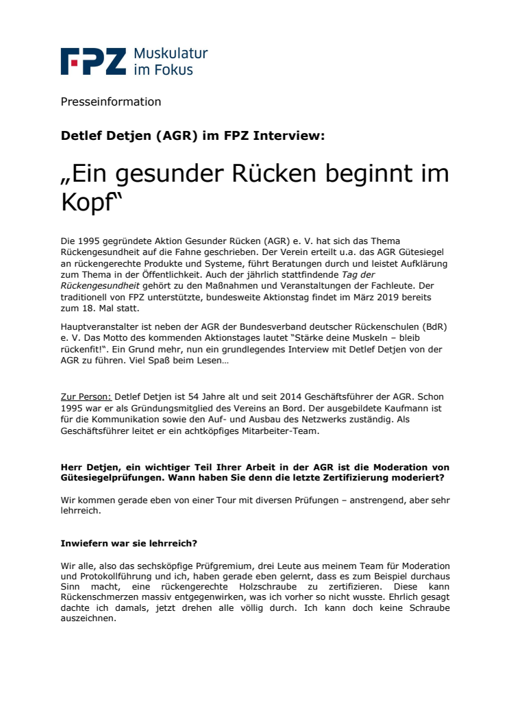 Detlef Detjen (AGR) im FPZ Interview: „Ein gesunder Rücken beginnt im Kopf“