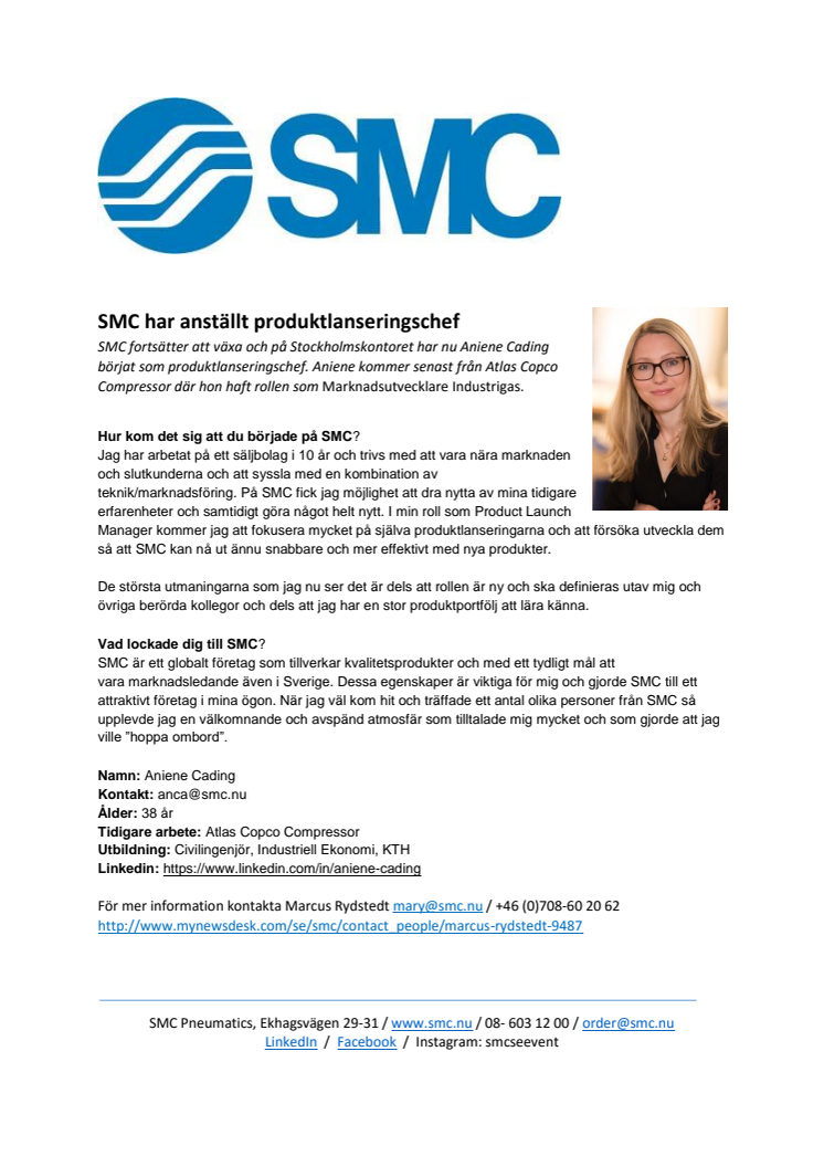 SMC Pneumatics har anställt produktlanseringschef