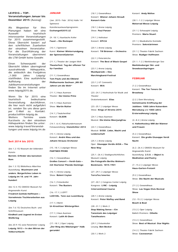 Veranstaltungshöhepunkte 2015 in Leipzig