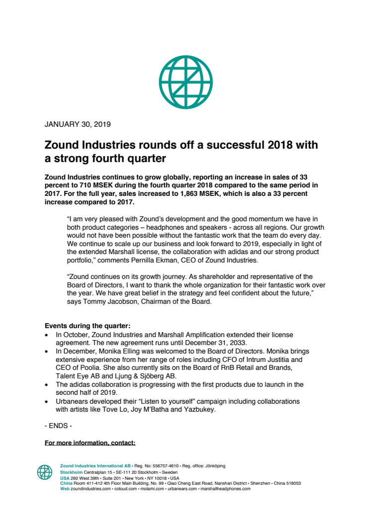 Zound Industries rounds off a successful 2018 with a strong fourth quarter