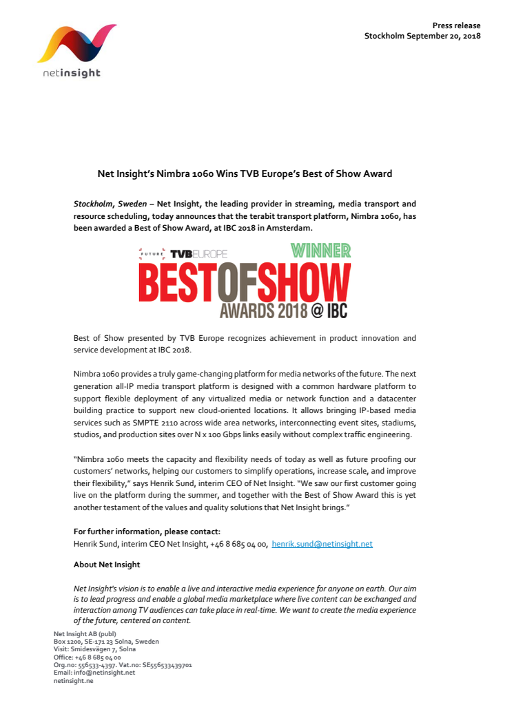 Net Insight’s Nimbra 1060 Wins TVB Europe’s Best of Show Award