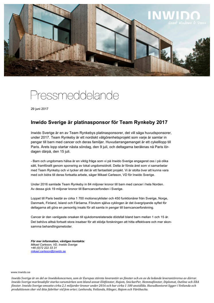 Inwido Sverige är platinasponsor för Team Rynkeby 2017