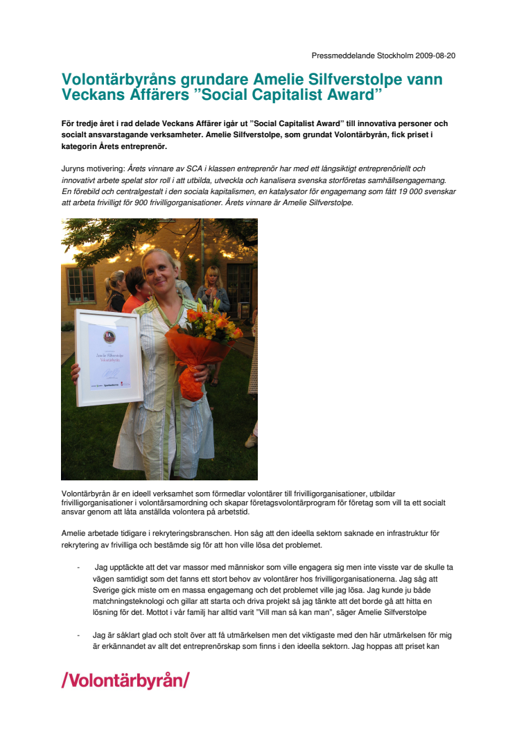 Volontärbyråns grundare Amelie Silfverstolpe vinnare av Veckans Affärers "Social Capitalist Award"
