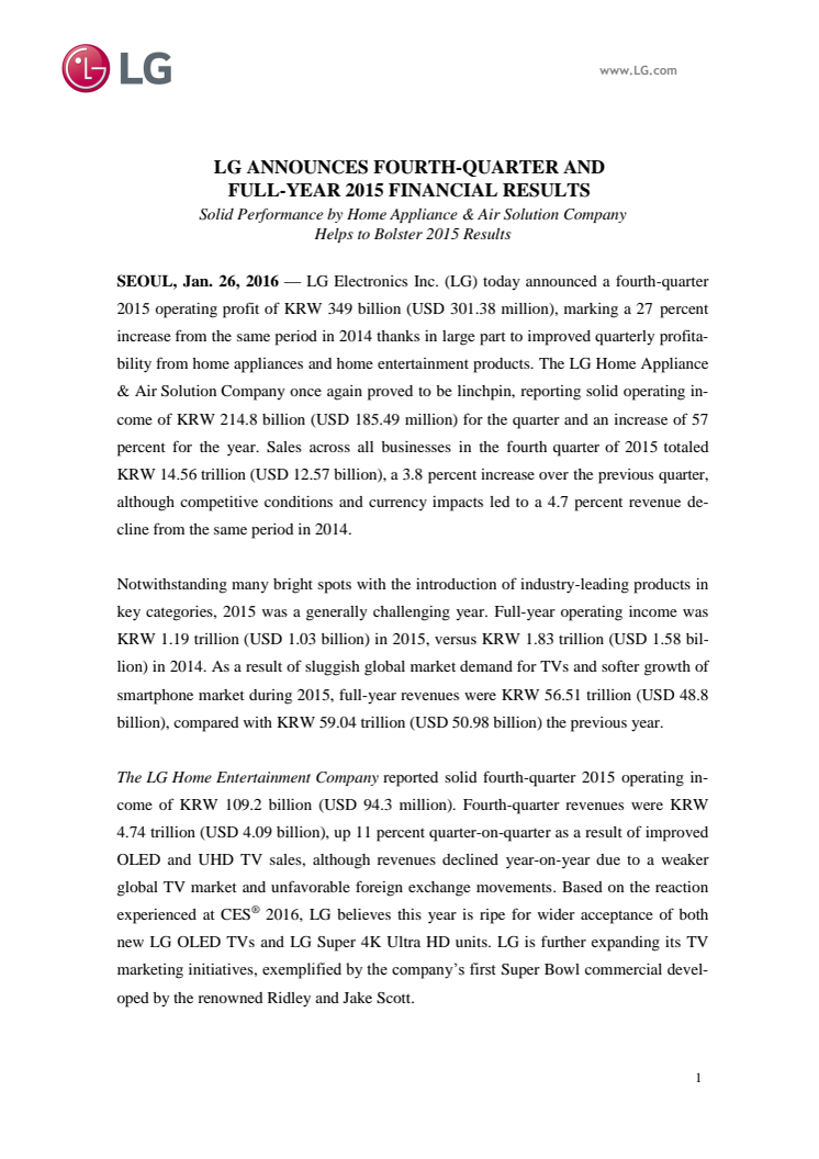 LG ANNOUNCES FOURTH-QUARTER AND FULL-YEAR 2015 FINANCIAL RESULTS 