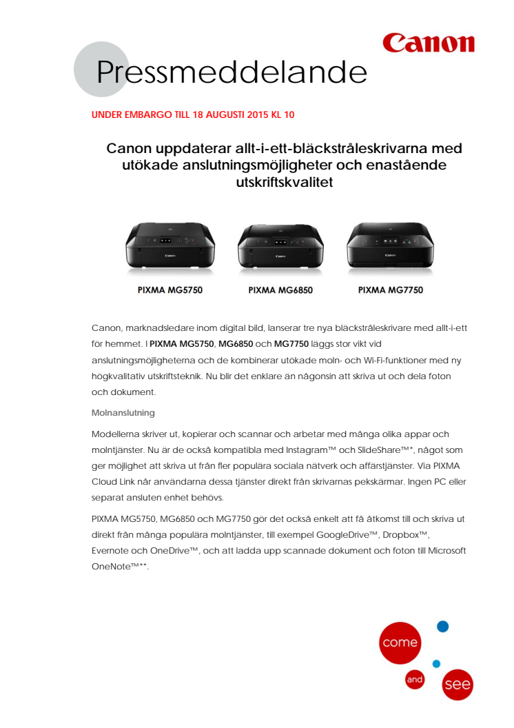 Canon uppdaterar allt-i-ett-bläckstråleskrivarna med utökade anslutningsmöjligheter och enastående utskriftskvalitet