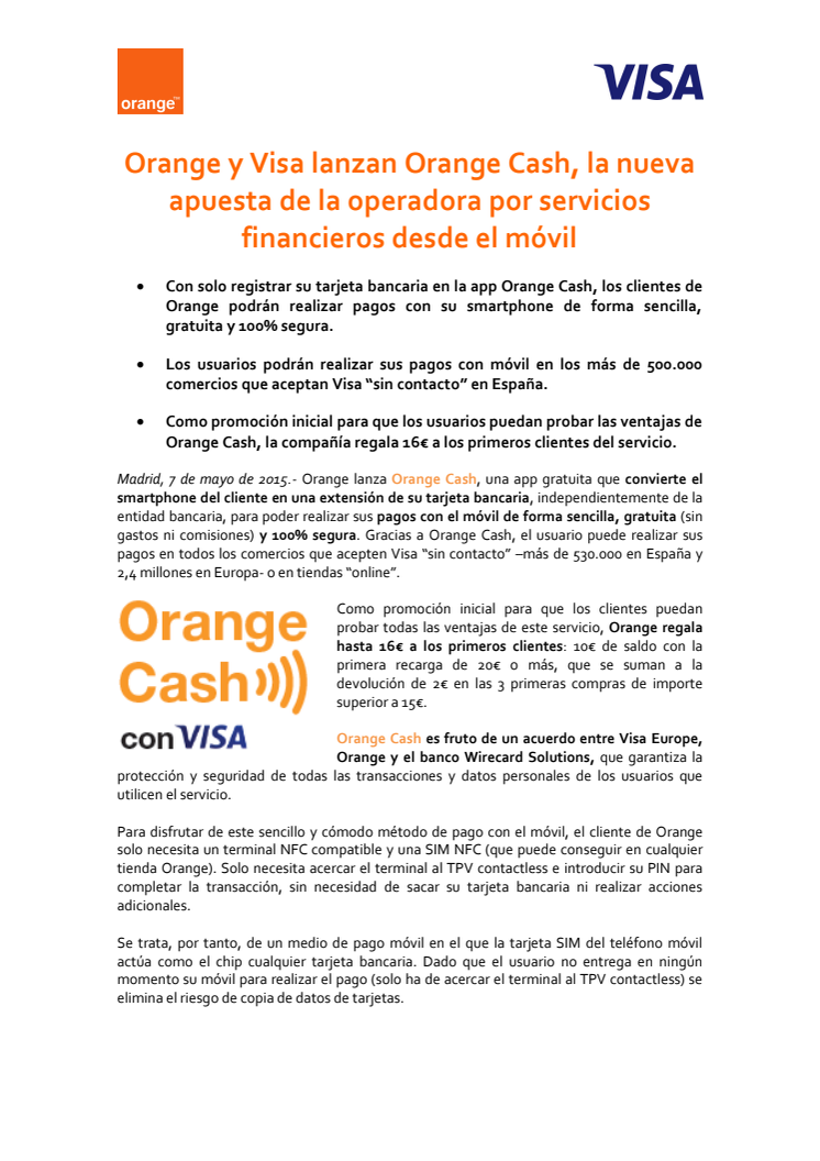 Orange y Visa lanzan Orange Cash, la nueva apuesta de la operadora por servicios financieros desde el móvil