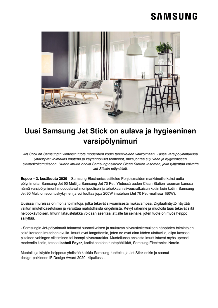 Uusi Samsung Jet Stick on sulava ja hygieeninen varsipölynimuri