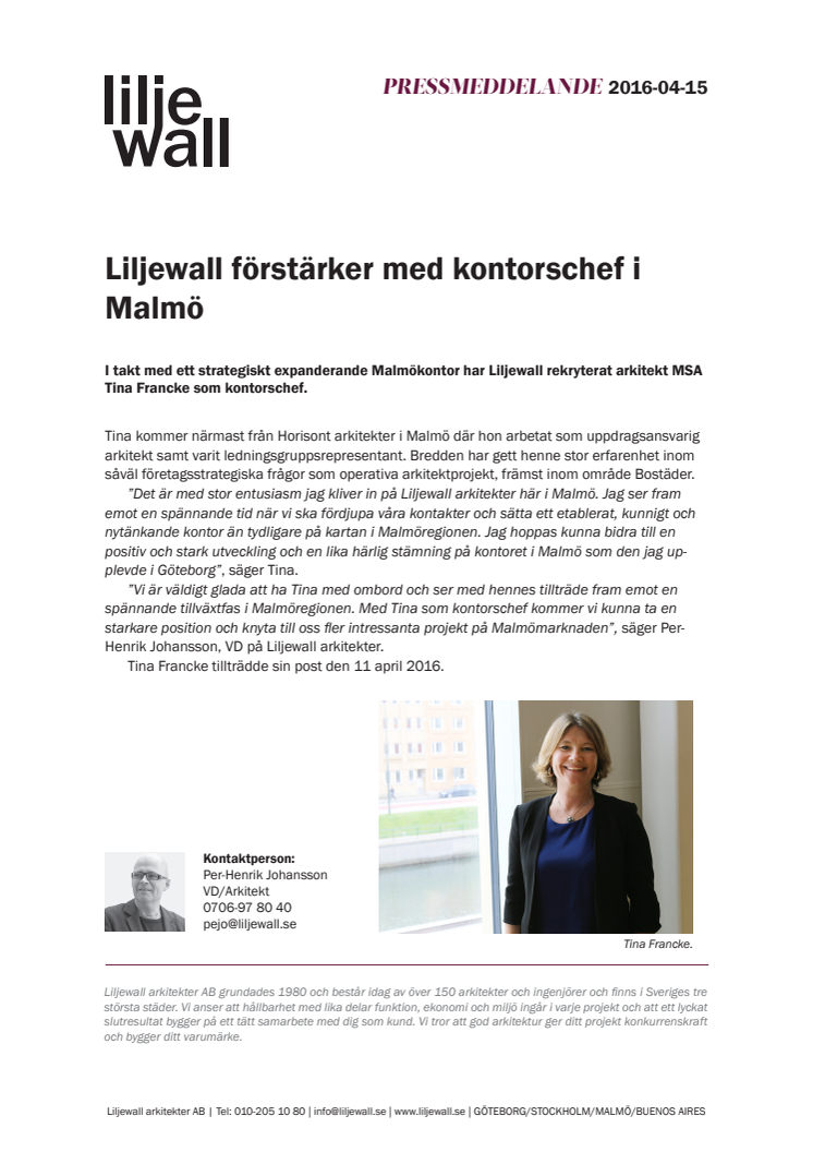 Liljewall förstärker med kontorschef i Malmö