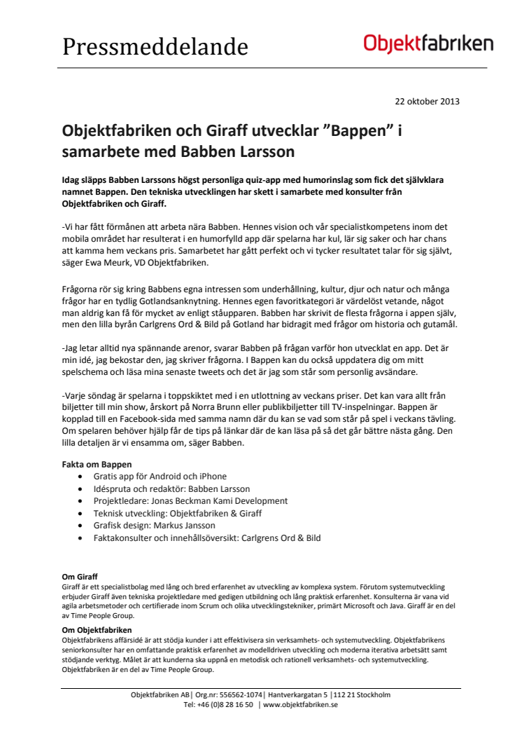 Objektfabriken och Giraff utvecklar ”Bappen” i samarbete med Babben Larsson