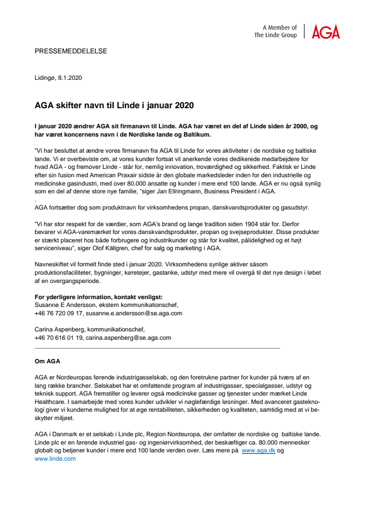 ​AGA skifter navn til Linde i januar 2020