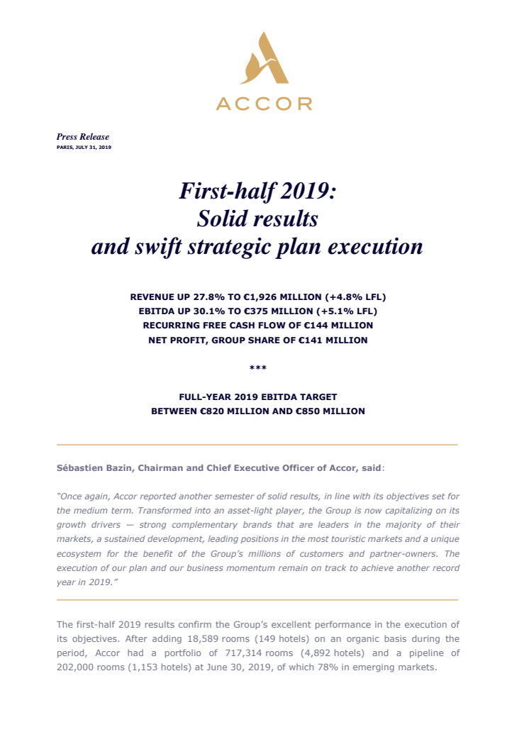First-half 2019:  Solid results and swift strategic plan execution 