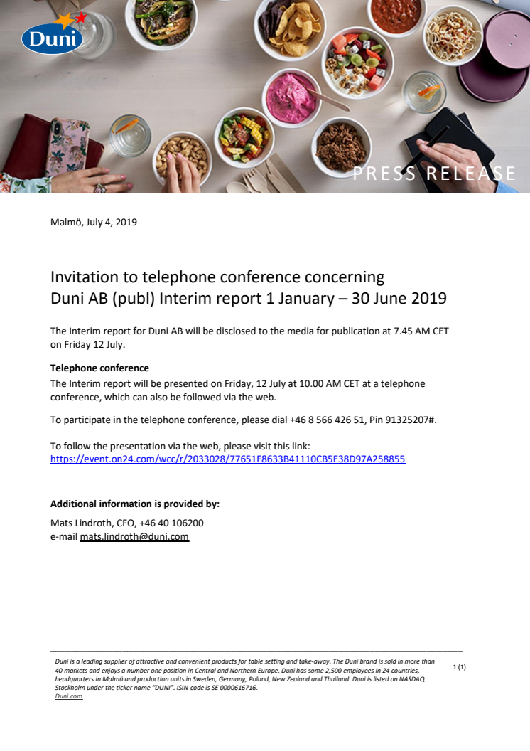 Invitation to telephone conference concerning  Duni Interim report 1 January – 30 June 2019