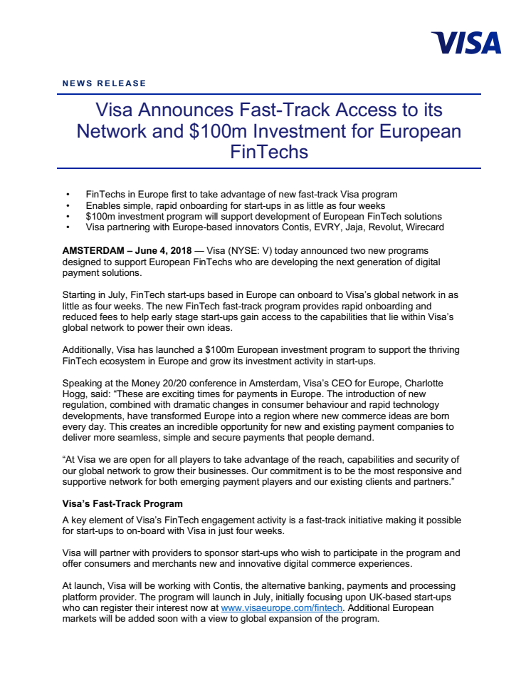 Visa avaa Fast-Track kanavan verkostoonsa ja julkistaa 100 miljoonaan dollarin investoinnin eurooppalaisiin Fintech-yrityksiin