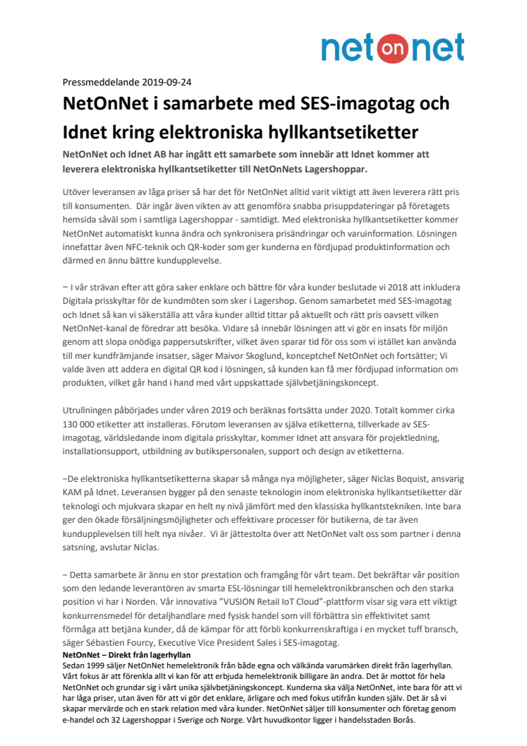 NetOnNet i samarbete med SES-imagotag och Idnet kring elektroniska hyllkantsetiketter 