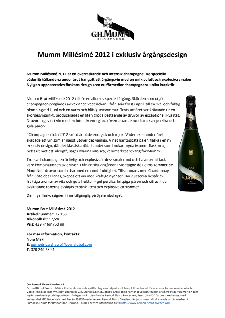 Mumm Millésimé 2012 i exklusiv årgångsdesign 