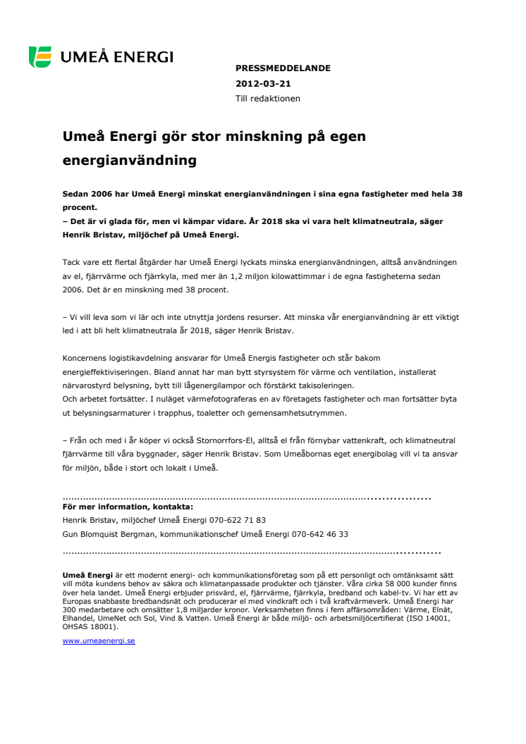 Umeå Energi gör stor minskning på egen energianvändning