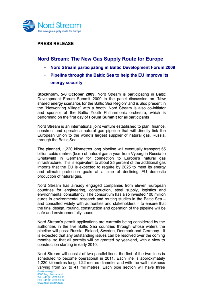 Nord Stream: The New Gas Supply Route for Europe (Press release)