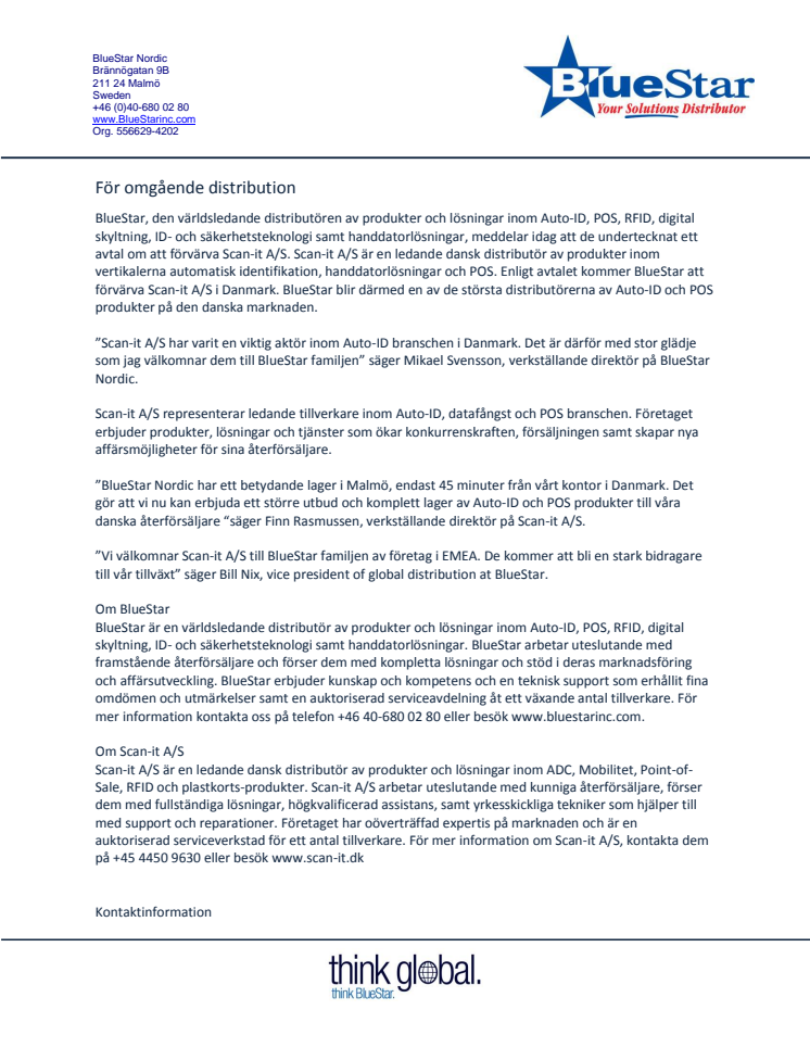 BlueStar Nordic förvärvar Scan-it A/S i Danmark