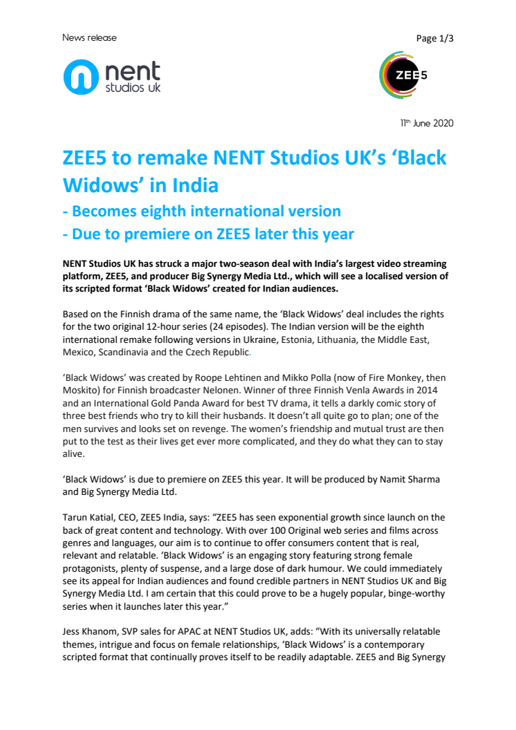 ZEE5 to remake NENT Studios UK’s ‘Black Widows’ in India