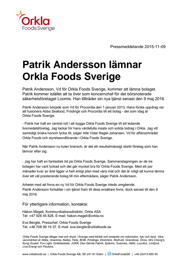 Patrik Andersson lämnar Orkla Foods Sverige