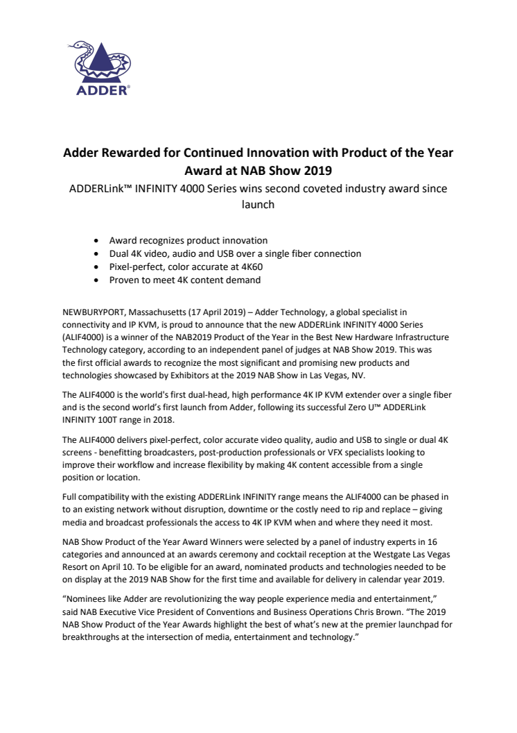 Adder Rewarded for Continued Innovation with Product of the Year Award at NAB Show 2019