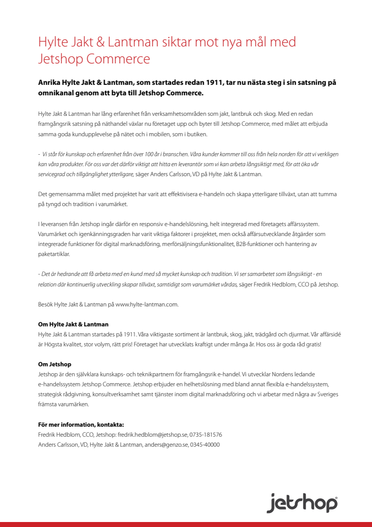 Hylte Jakt & Lantman siktar mot nya mål med Jetshop Commerce