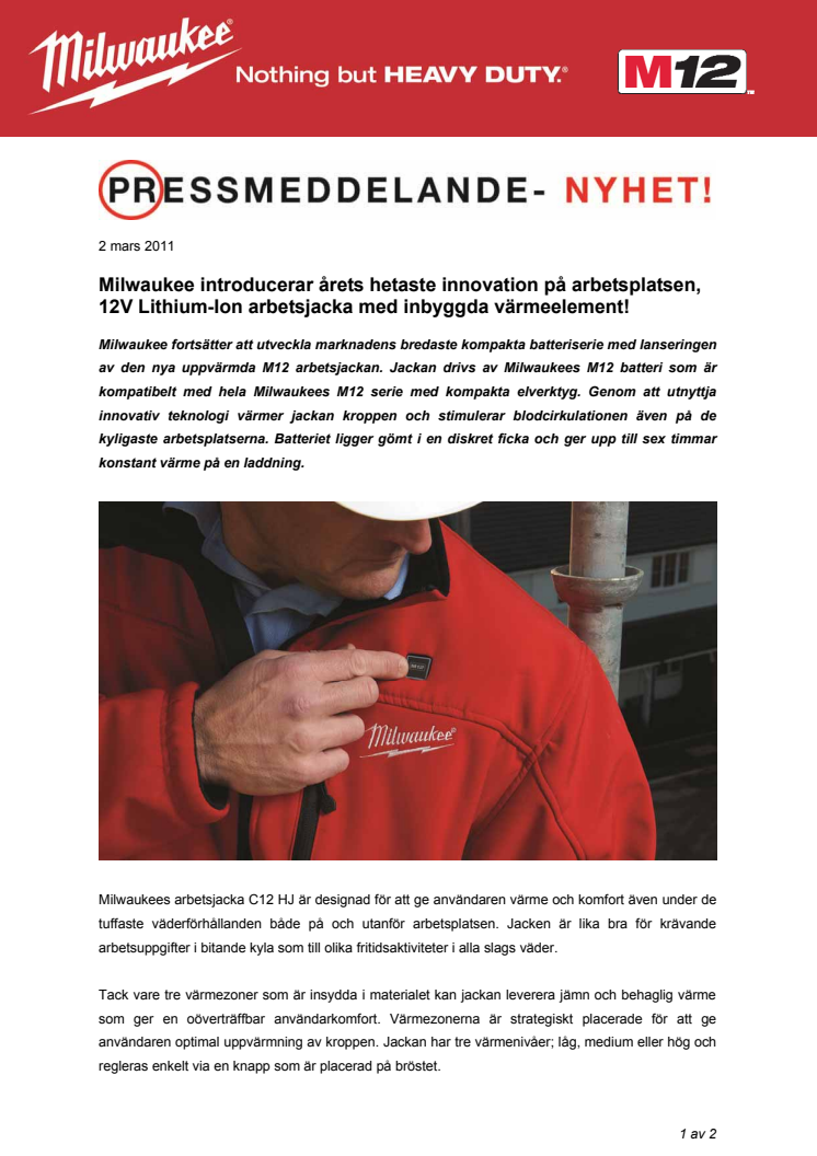Milwaukee introducerar årets hetaste innovation på arbetsplatsen, 12V Lithium-Ion arbetsjacka med inbyggda värmeelement!