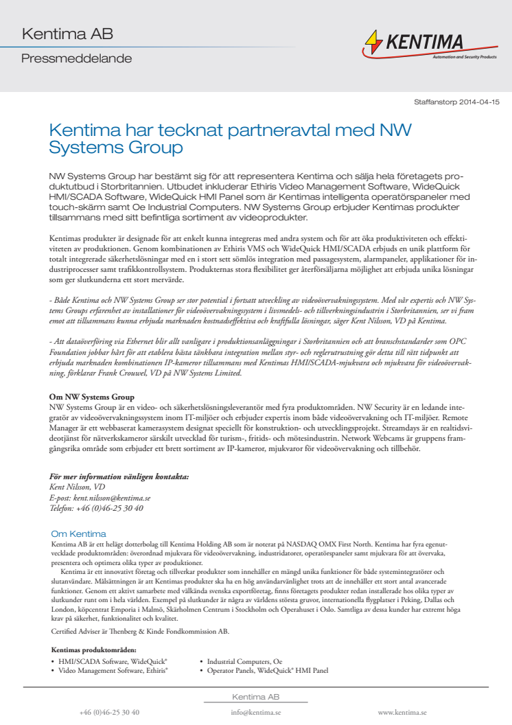 Kentima har tecknat partneravtal med NW Systems Group