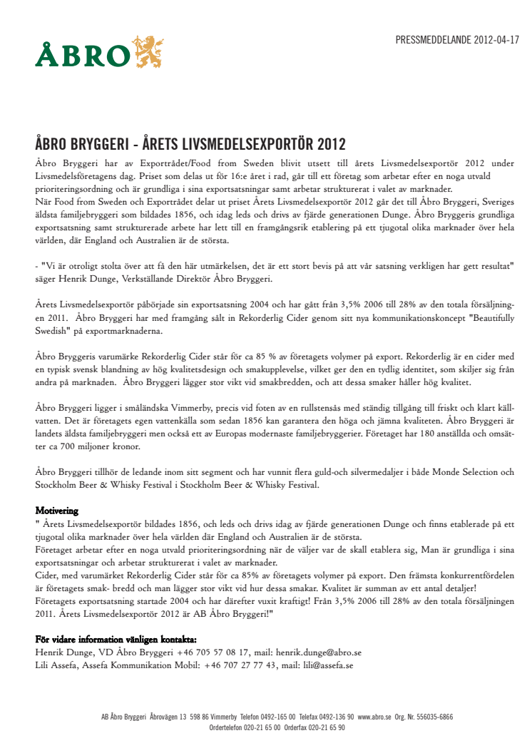 ÅBRO BRYGGERI – ÅRETS LIVSMEDELSEXPORTÖR 2012