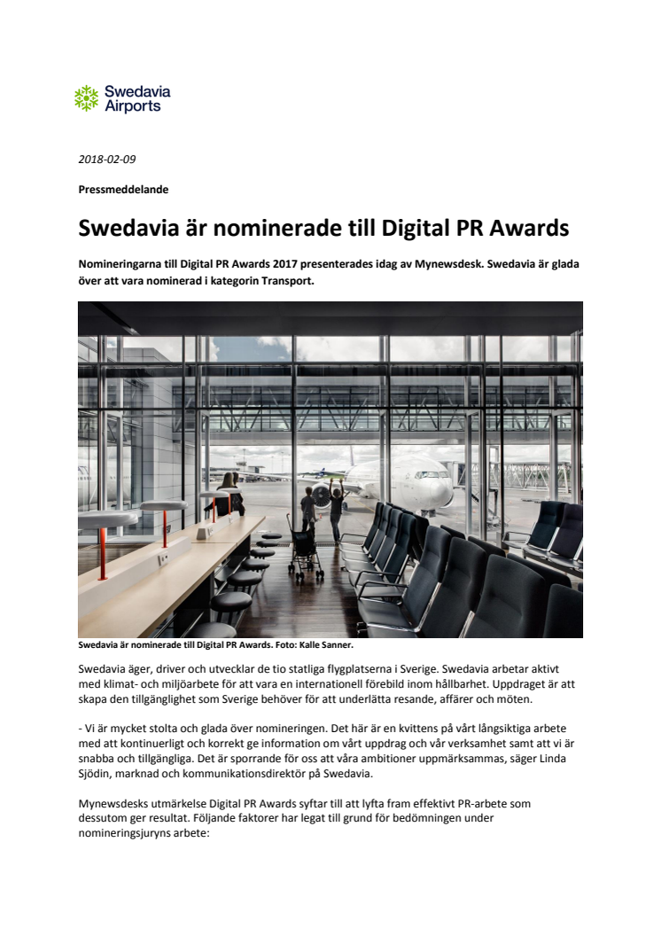 Swedavia är nominerade till Digital PR Awards