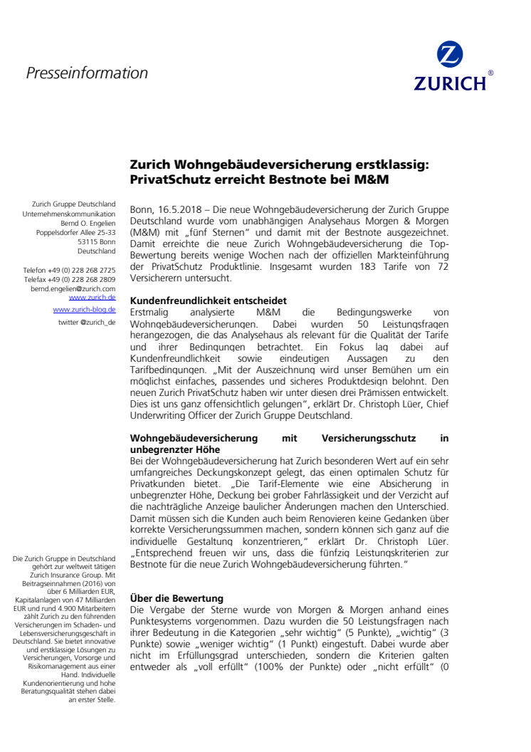 Zurich Wohngebäudeversicherung erstklassig: PrivatSchutz erreicht Bestnote bei M&M