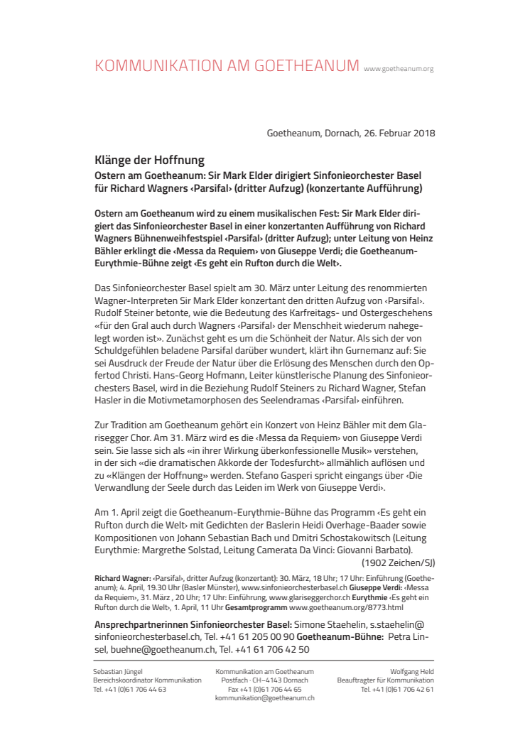 Klänge der Hoffnung.  Ostern am Goetheanum: Sir Mark Elder dirigiert Sinfonieorchester Basel für Richard Wagners ‹Parsifal› (dritter Aufzug) (konzertante Aufführung)