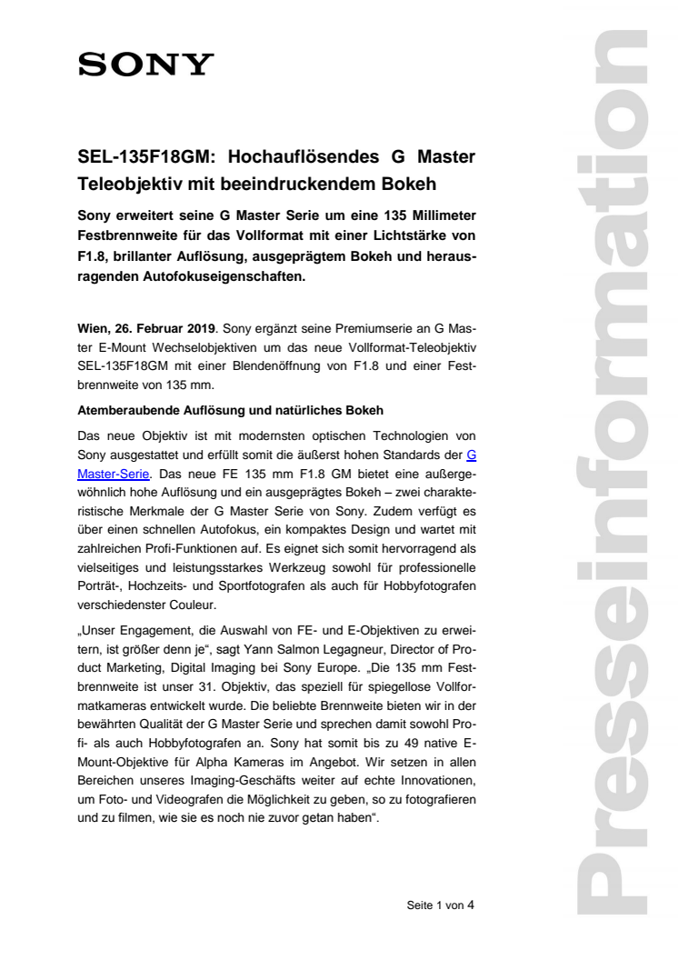 SEL-135F18GM: Hochauflösendes G Master Teleobjektiv mit beeindruckendem Bokeh