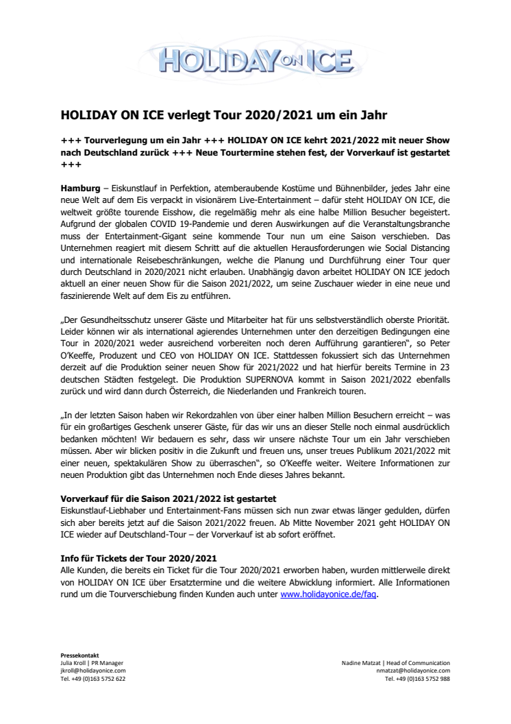 HOLIDAY ON ICE verlegt Tour 2020/2021 um ein Jahr