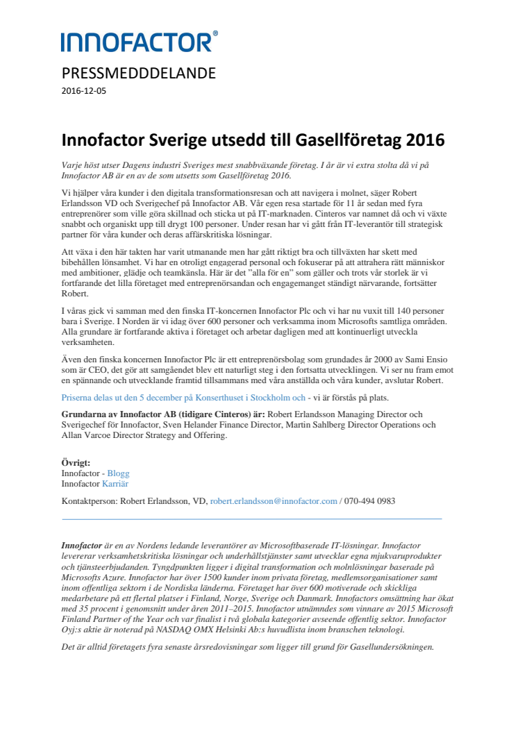 Innofactor Sverige utsedd till Gasellföretag 2016 