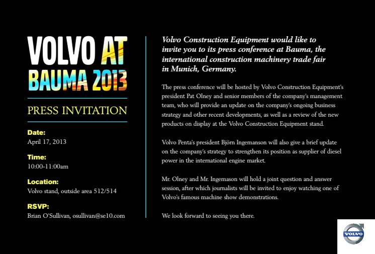 Inbjudan till Volvo Construction Equipments presskonferens på Bauma 2013