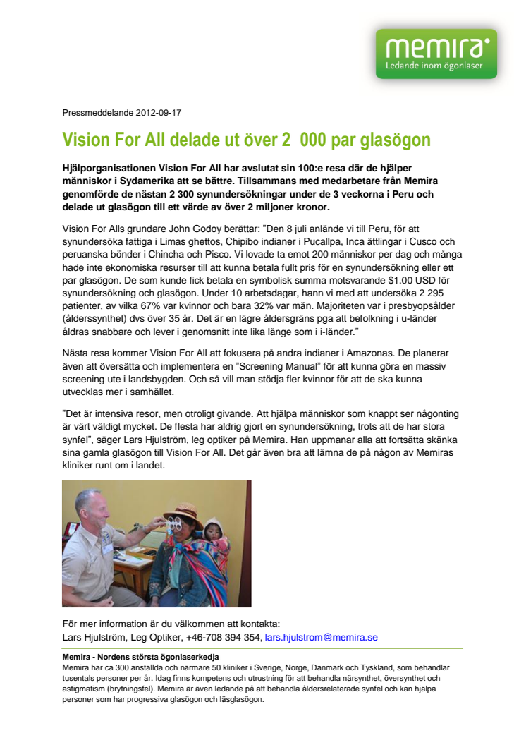 Vision For All delade ut över 2 000 par glasögon