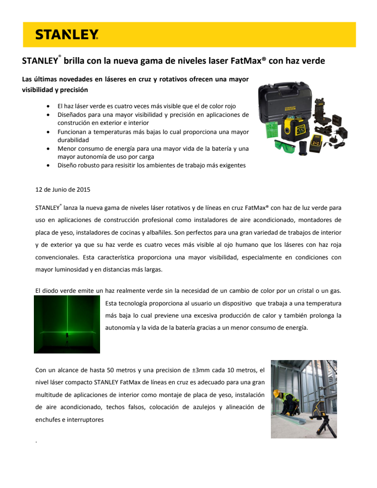 STANLEY® brilla con la nueva gama de niveles laser FatMax® con haz verde