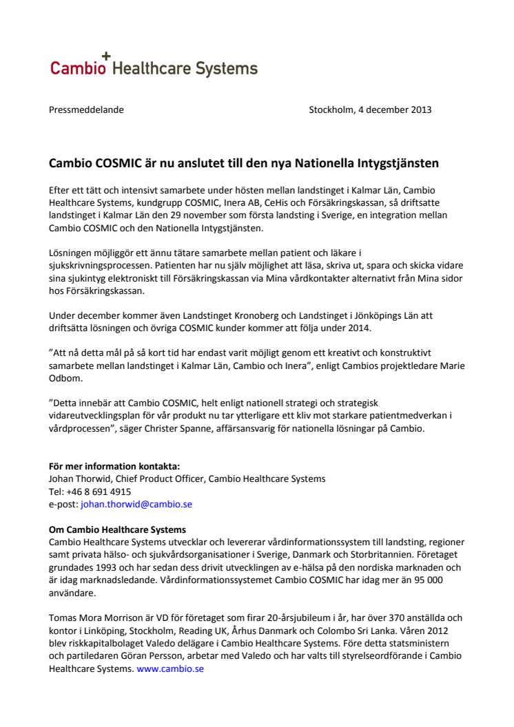 Cambio COSMIC är nu anslutet till den nya Nationella Intygstjänsten