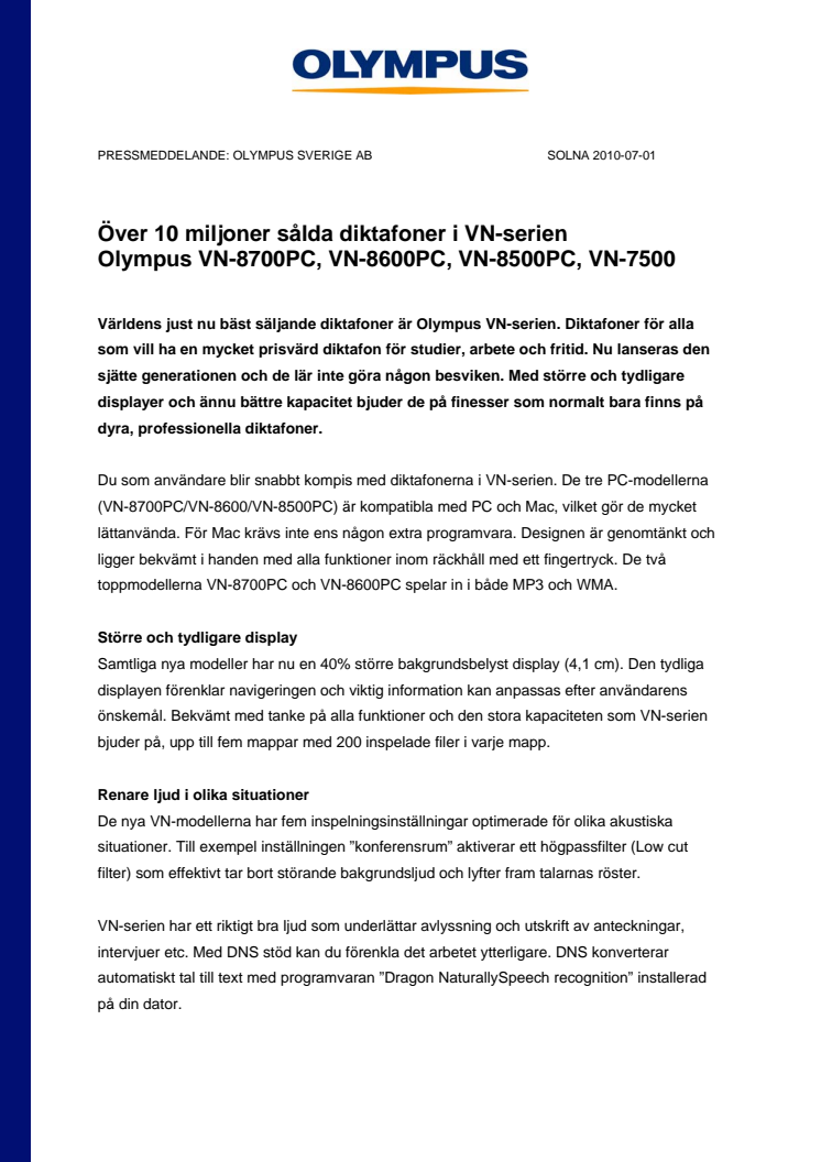 Olympus VN-8700PC, VN-8600PC, VN-8500PC & VN-7500 - Över 10 miljoner sålda diktafoner i VN-serien                                   