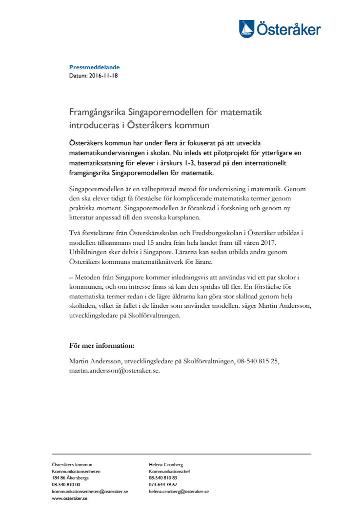 Framgångsrika Singaporemodellen för matematik introduceras i Österåkers kommun