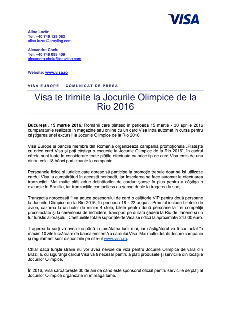 Visa te trimite la Jocurile Olimpice de la Rio 2016