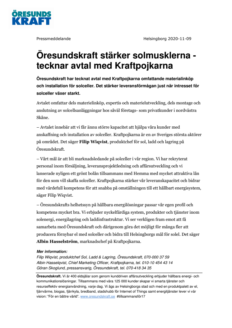 Öresundskraft stärker solmusklerna - tecknar avtal med Kraftpojkarna