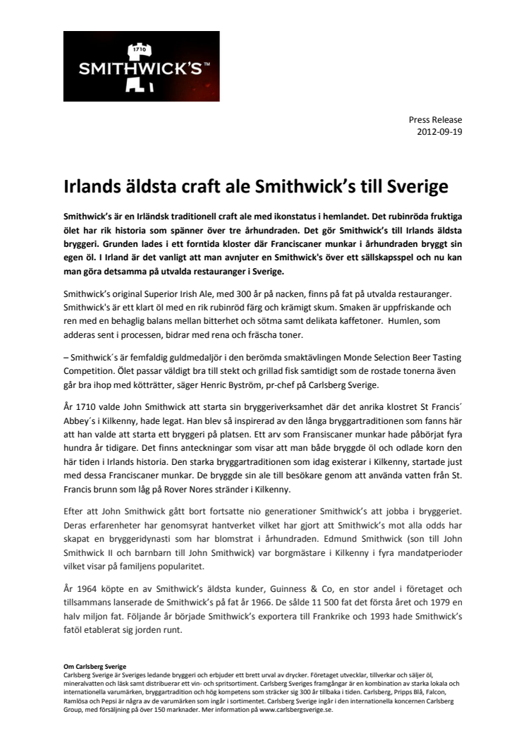 Irlands äldsta craft ale Smithwick’s till Sverige