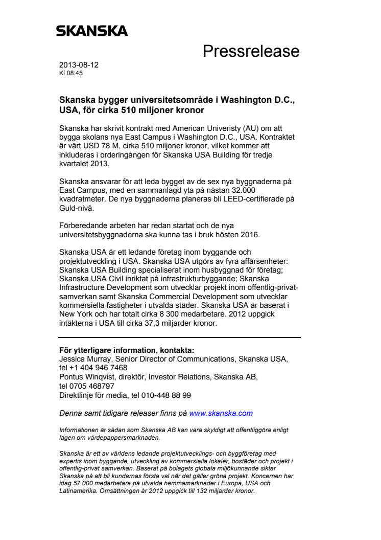 Skanska bygger universitetsområde i Washington D.C., USA, för cirka 510 miljoner kronor 