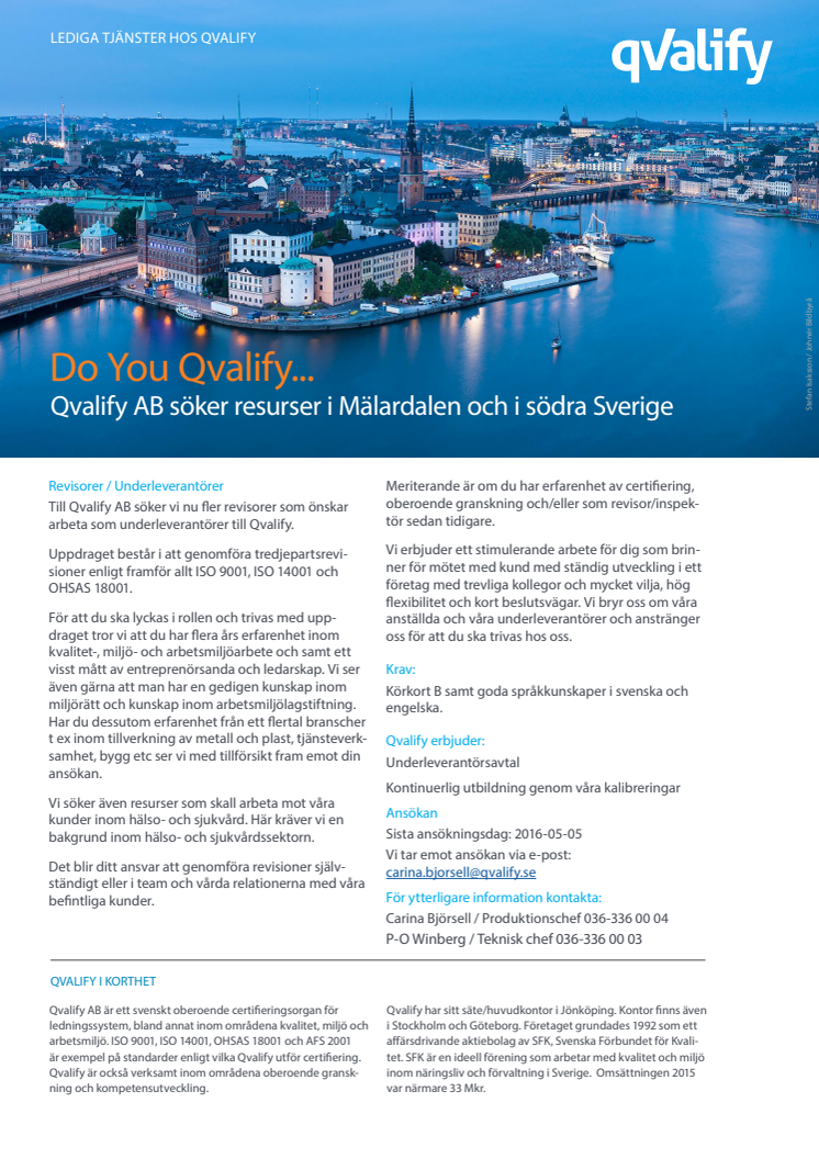 Qvalify AB söker resurser i Mälardalen och i södra Sverige